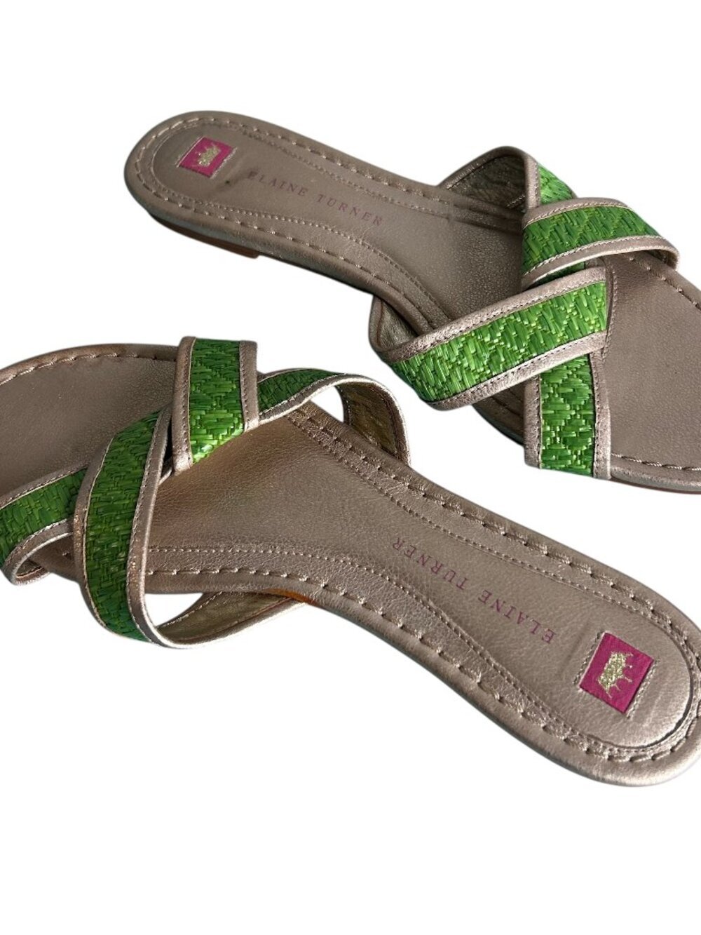 Elaine Turner "Amy" Slip On Cross Over Green Woven Straw Leather Sandal Size 8